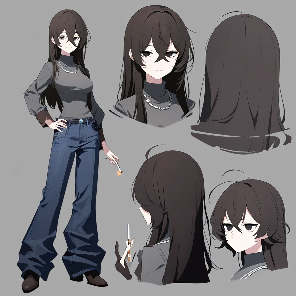 One Woman,Downer,older sister,Concept Art,Dark brown hair,Straight hair with slight inward curls,Staring eyes,Eye Ridge,black eye,Crossed bangs,whole body,smile,Slightly larger breasts,Gray background,Bangs that reach down to the eyes,Messy hair,Tight dark jeans,Gray turtleneck sweater,Multiple views of the same character,Character Design,Dark circles under the eyes,Bad look,Listless,Sloppy,Silver Jewelry,Cafe staff,Holding a cigarette,whole bodyCharacter Design,Detailed hands,Height: 170cm,boots,fleshy,