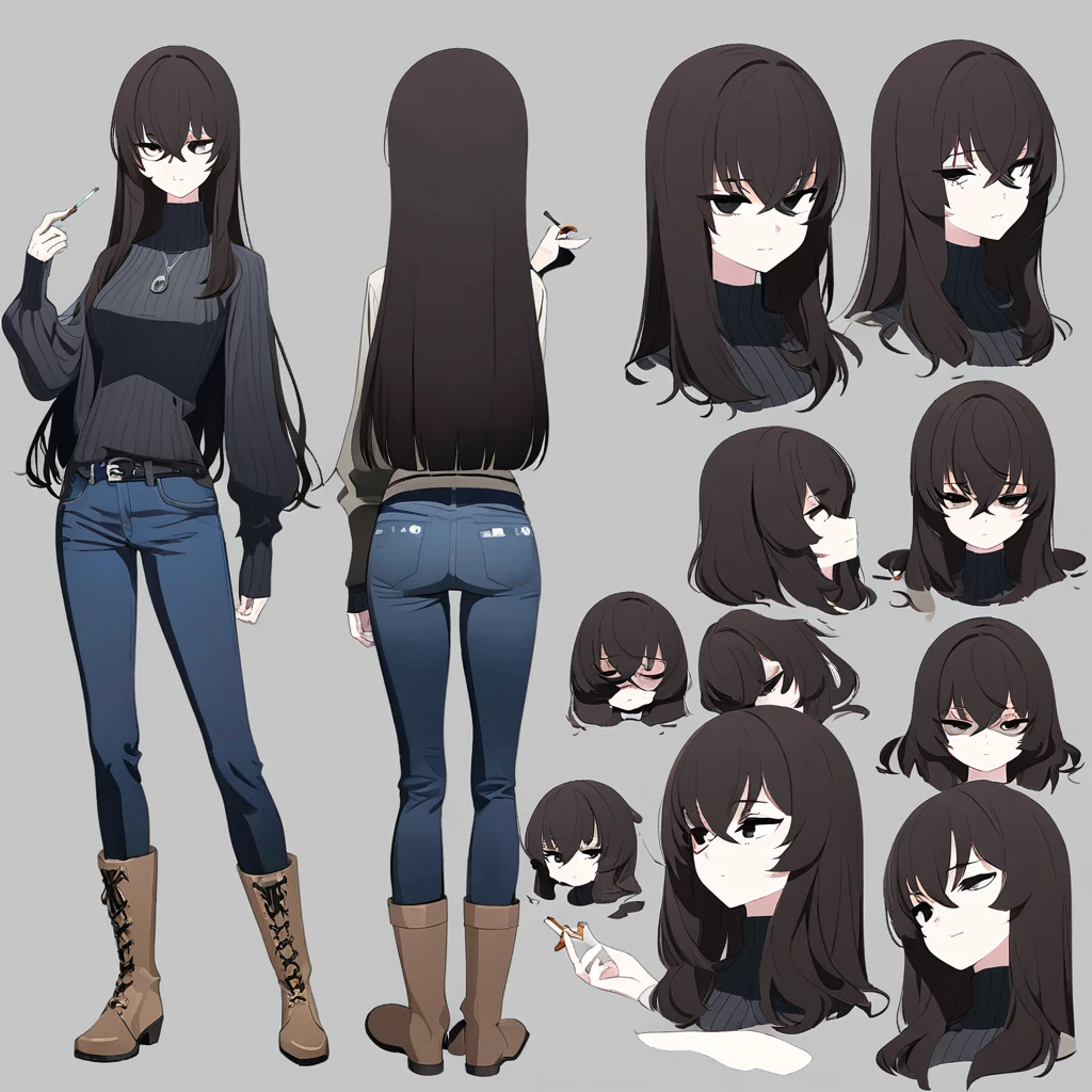 One Woman,Downer,older sister,Concept Art,Dark brown hair,Straight hair with slight inward curls,Staring eyes,Eye Ridge,black eye,Crossed bangs,whole body,smile,Slightly larger breasts,Gray background,Bangs that reach down to the eyes,Messy hair,Tight dark jeans,Gray turtleneck sweater,Multiple views of the same character,Character Design,Dark circles under the eyes,Bad look,Listless,Sloppy,Silver Jewelry,Cafe staff,Holding a cigarette,whole bodyCharacter Design,Detailed hands,Height: 170cm,boots,fleshy,