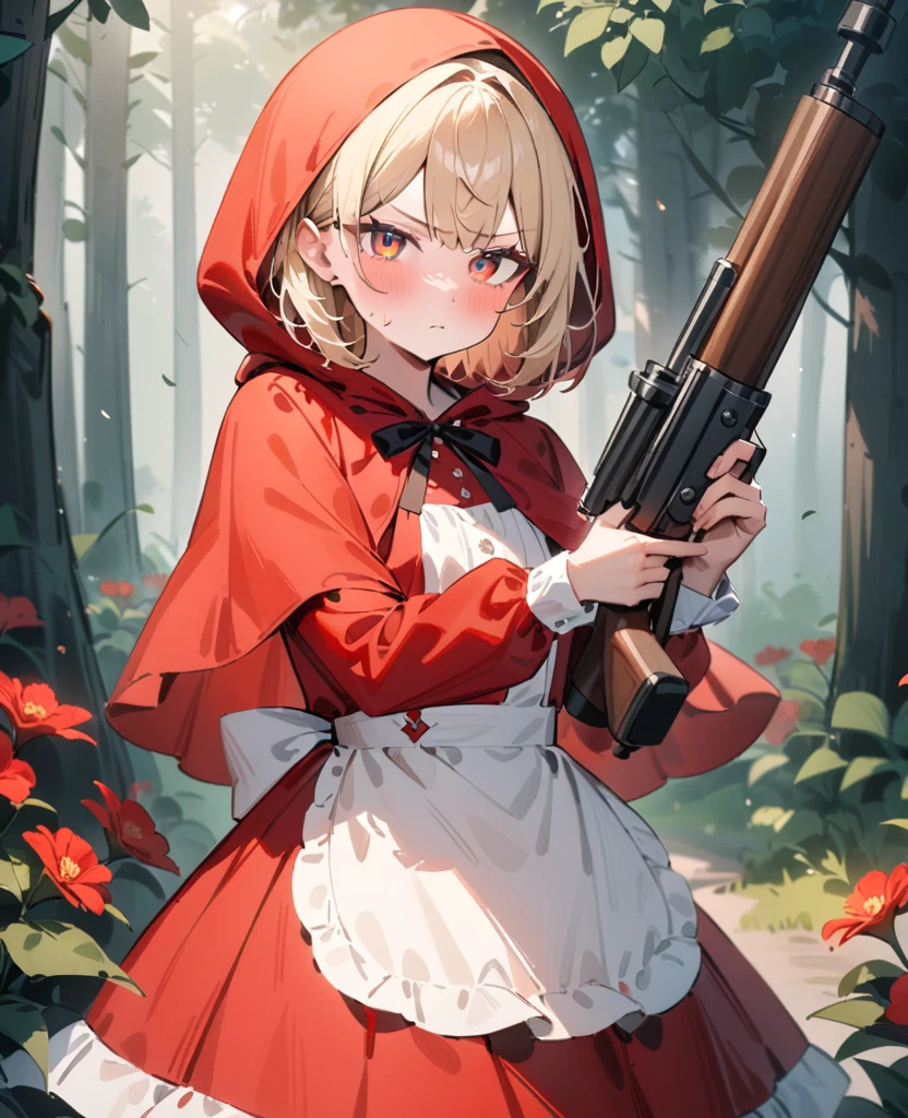 masterpiece, best quality, very aesthetic, absurdres, newest, 1girl, solo, looking at viewer, blush, nervous, v-shaped eyebrows, short hair, bangs, blonde hair, red eyes, long sleeves, dress, holding, standing, closed mouth, weapon, flower, outdoors, hood, forest, holding weapon, apron, orange eyes, capelet, red skirt, red dress, hunting gun, plant, red flower, hood up, multicolored eyes, holding hunting gun, red capelet, little red riding hood \(grimm\)