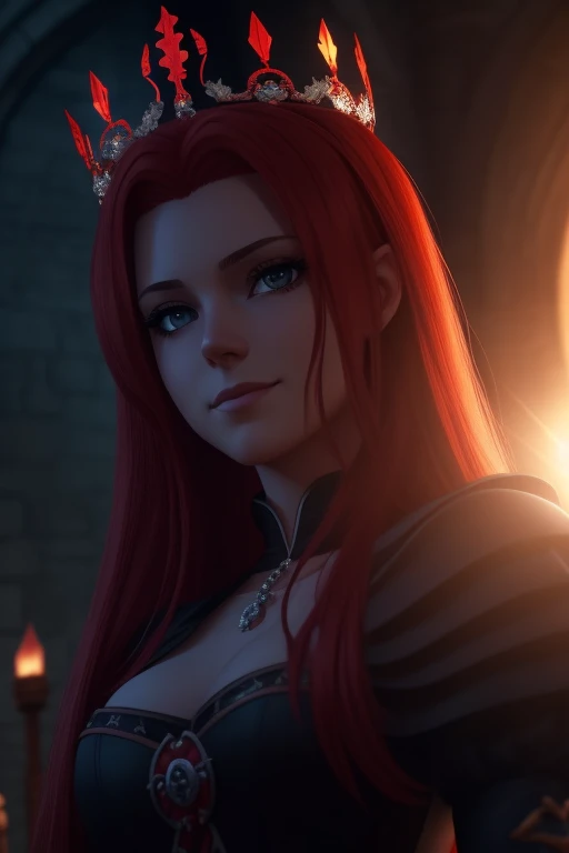 Princesa das trevas com os olhos de sangue, red hair, crown, evil smile, anime style, lens flare, high detail, first-person view, cinematic lighting, masterpiece, super detail, best quality, 8k, UHD((Dutch angle)) gloomy black castle setting, Sensual and arrogant princess