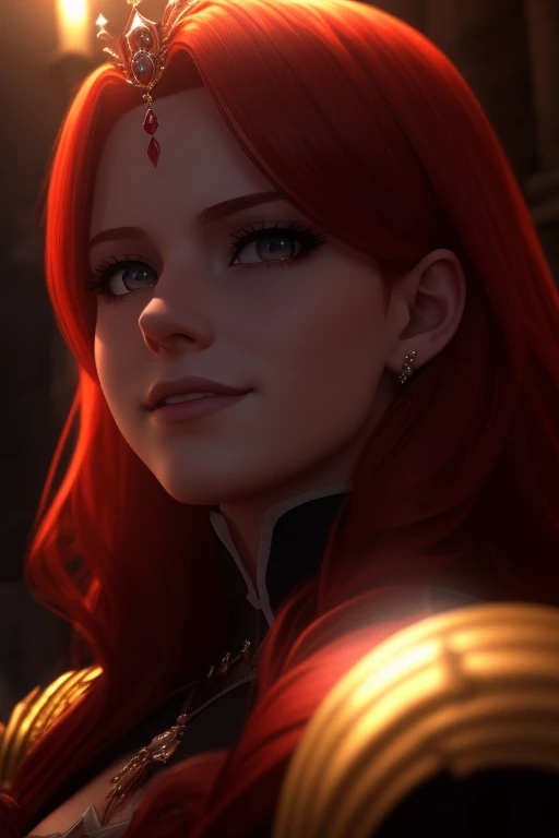 Princesa das trevas com os olhos de sangue, red hair, crown, evil smile, anime style, lens flare, high detail, first-person view, cinematic lighting, masterpiece, super detail, best quality, 8k, UHD((Dutch angle)) gloomy black castle setting, Sensual and arrogant princess