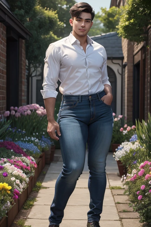 (masterpiece), best quality, expressive eyes, perfect face,young man having long legs thick thighs large hips thin and narrow weist wearing, jeans, formal shirt, moon night garden flowers, very small spikey boyish haircut, boy , boy, wide hips, very wide hips, muscular body, , tugged in, very very wide hips, huge large penis_bulge, smile, big large, very wide hips, very very wide hips, boy, full body, wide very wide hips