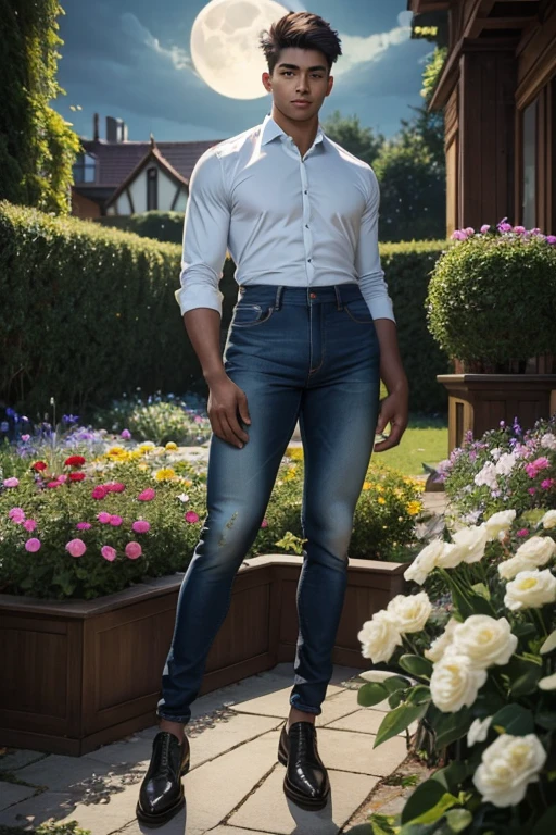 (masterpiece), best quality, expressive eyes, perfect face,young man having long legs thick thighs large hips thin and narrow weist wearing, jeans, formal shirt, moon night garden flowers, very small ?????? boyish haircut, boy , boy, wide hips, very wide hips, muscular body, , tugged in, very very wide hips, huge large penis_bulge, smile, big large, very wide hips, very very wide hips, boy, full body, wide very wide hips 