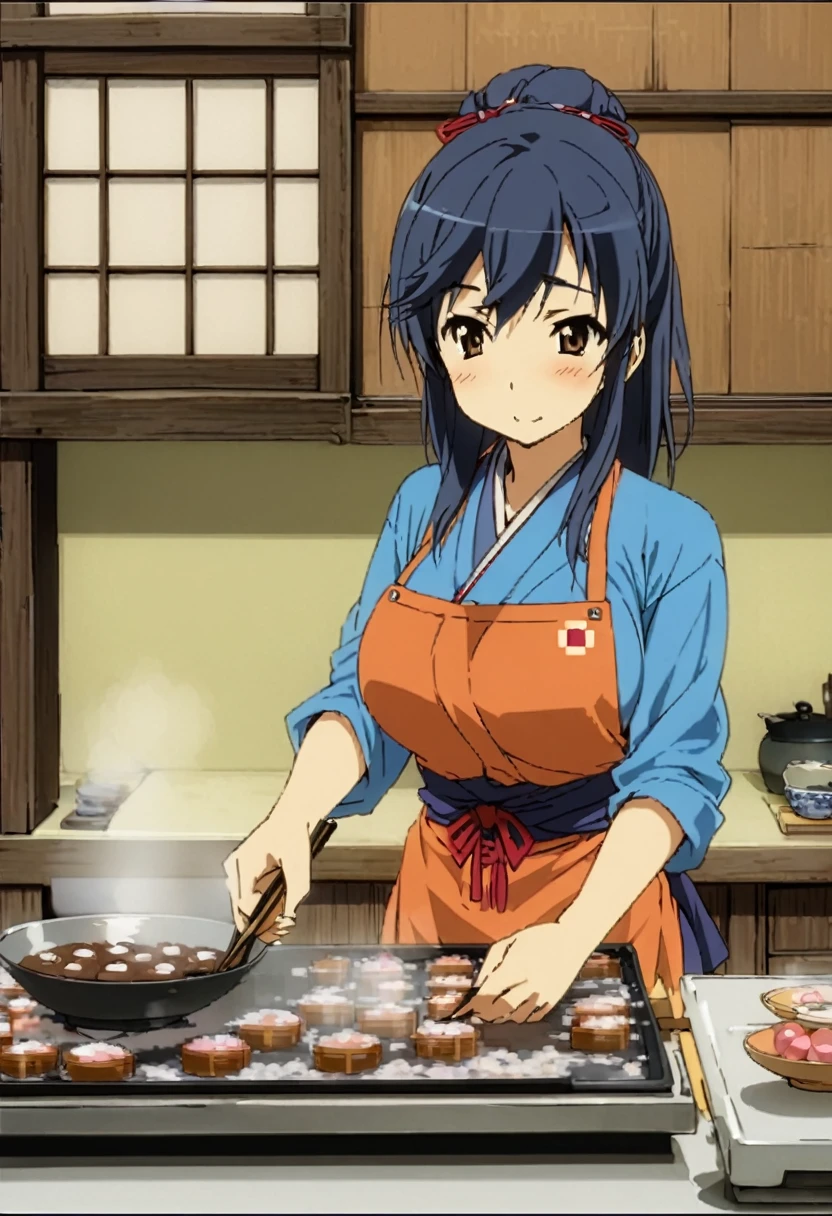 Best quality, movie quality, craftsman girl making Japanese sweets, background (kitchen, Japan), girl wearing kappogi, girl (, blue hair, big breasts, sexy), early morning