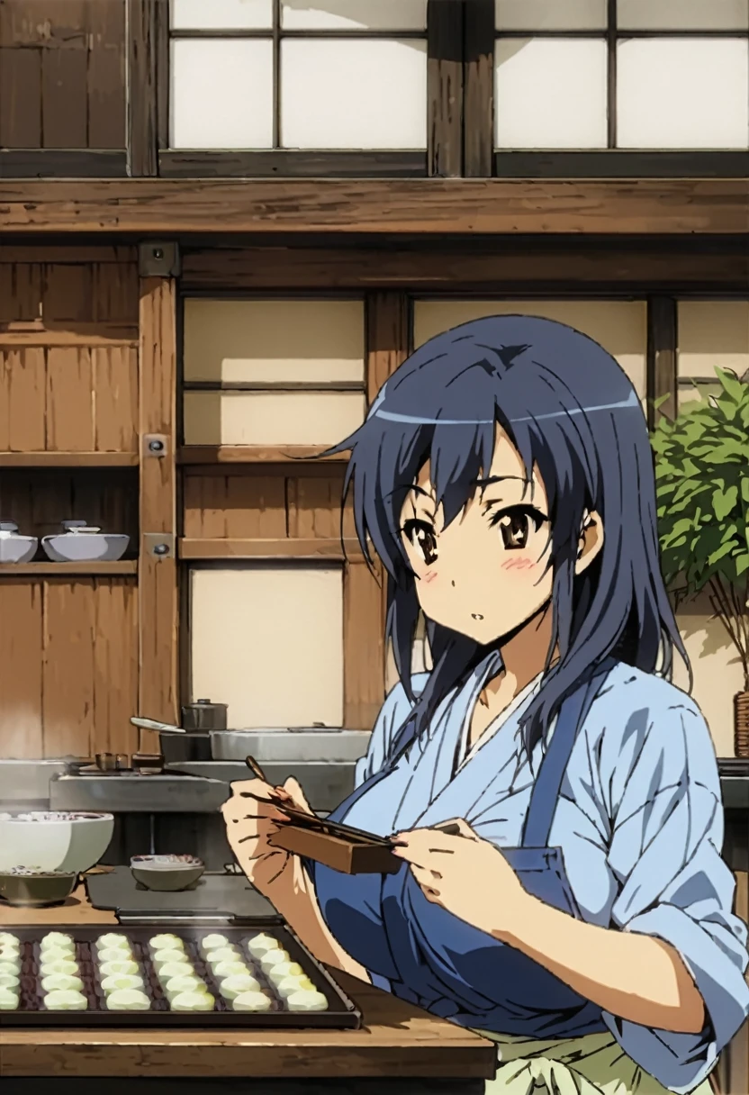 Best quality, movie quality, craftsman girl making Japanese sweets, background (kitchen, Japan), girl wearing kappogi, girl (15 years old, blue hair, big breasts, sexy), early morning
