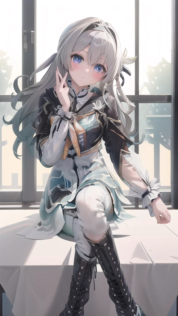 best quality，（Kawaii：1.1），（charming），（high resolution：1.2），Incredibly ridiculous resources：1.3，Incredibly beautiful illustrations， Black lace-up boots，，教室场景教室场景classroom scene，，，((absurd)), ((on the table)), (best quality), (lens flare), (Very detailed), (Fair), ((Cute girl)), solitary, Fair face, White skin, on the table, ,, Look away, sit, Awkward, blush, Mouth slightly open, classroom