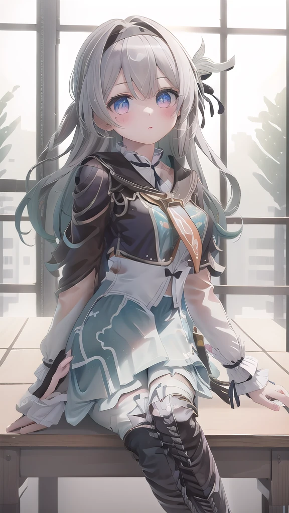 best quality,(Kawaii:1.1),(charming),(high resolution:1.2),Incredibly ridiculous resources:1.3,Incredibly beautiful illustrations, Black lace-up boots,,教室场景教室场景classroom scene,,,((absurd)), ((on the table)), (best quality), (lens flare), (Very detailed), (Fair), ((Cute girl)), solitary, Fair face, White skin, on the table, ,, Look away, sit, Awkward, blush, Mouth slightly open, classroom