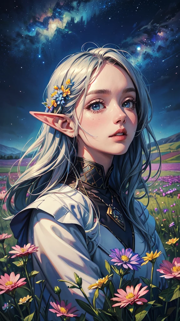 painting of a field full of colorful flowers under a blue sky, meadow background, blue flower field, field of flowers at night, field of fantasy flowers, field flowers, flowers background, field of flowers background, night sky full of flowers, field of mixed flowers, grass and flowers, an aesthetic field of flowers, field of flowers, meadow with flowers, field of wild flowers, 4k professional painting, game, detailed key anime art, illustation, a beautiful artwork illustration, beautiful digital painting, highly detailed digital painting, beautiful digital artwork, detailed painting 4 k, very detailed digital painting, rich picturesque colors, gorgeous digital painting,detailed face, detailed eyes, detailed hands, colors,elf woman