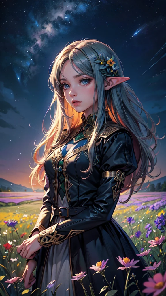 painting of a field full of colorful flowers under a blue sky, meadow background, blue flower field, field of flowers at night, field of fantasy flowers, field flowers, flowers background, field of flowers background, night sky full of flowers, field of mixed flowers, grass and flowers, an aesthetic field of flowers, field of flowers, meadow with flowers, field of wild flowers, 4k professional painting, game, detailed key anime art, illustation, a beautiful artwork illustration, beautiful digital painting, highly detailed digital painting, beautiful digital artwork, detailed painting 4 k, very detailed digital painting, rich picturesque colors, gorgeous digital painting,detailed face, detailed eyes, detailed hands, colors,elf woman