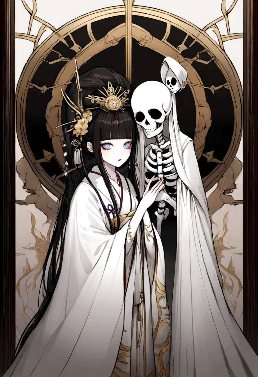 Arafed woman in a white dress with a white cloak and black hair、The sharp gaze of the Yuki-onna、Portrait of Sadako from the Ring、Winter Goddess、Inspired by Shinsui Ito、Gweiz-style artwork、Japanese Goddess、Beautiful avatar pictures、Pale young ghost girl、Beautiful digital artwork、Skeleton Geisha