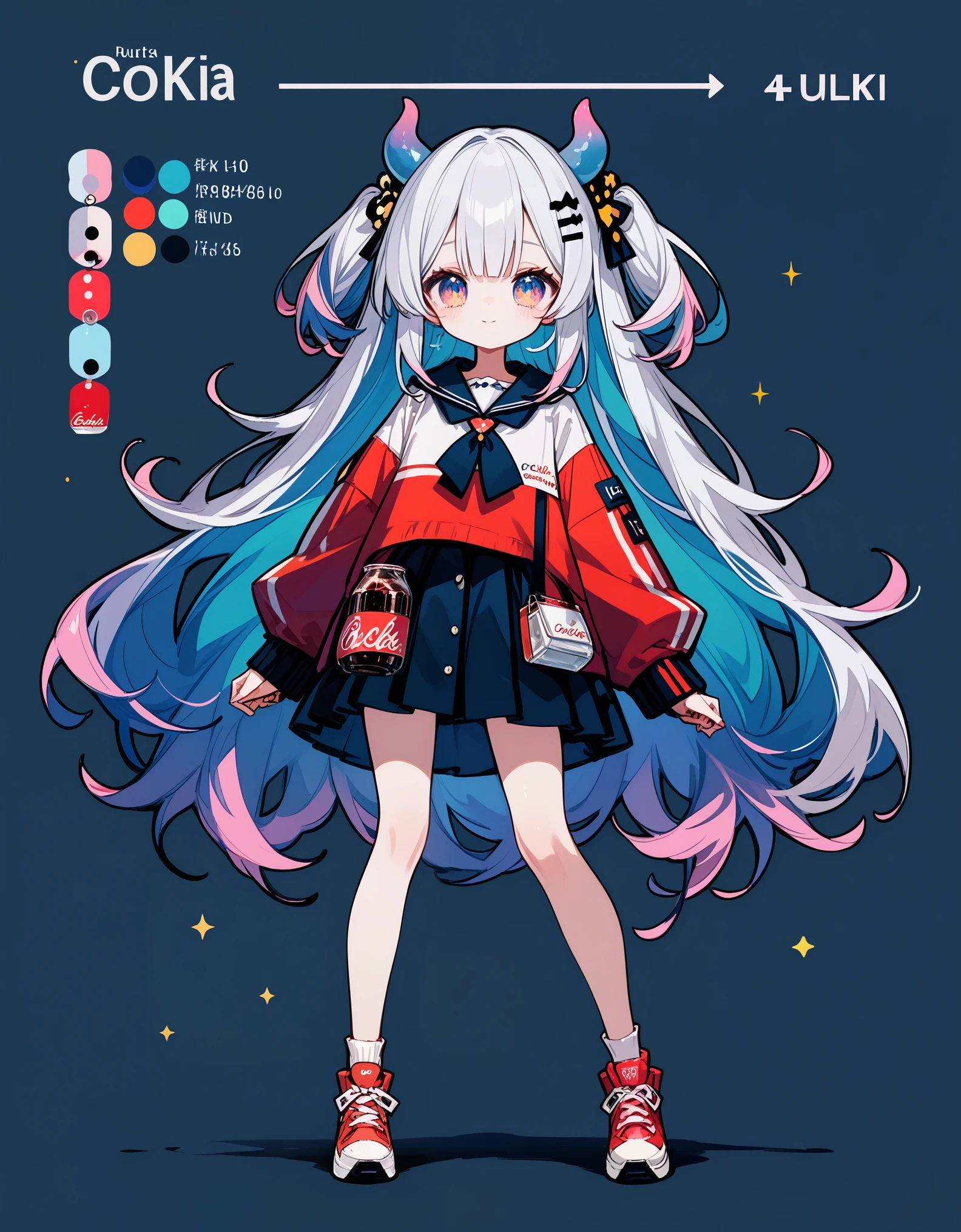 score_9,score_8_up,score_7_up,score_6_up,score_5_up, ,, highres,8k,official art, pale skin, shiny skin, full body, character chart,coca-cola,(((personification))),li,cute,kawaii,virtual youtuber,