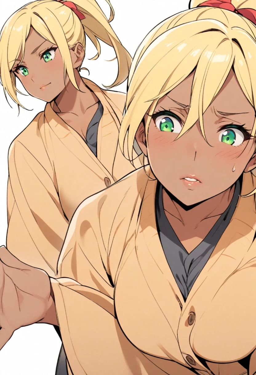 girl, mature, blond hair, ponytail, green eyes, dark skin, using a bow