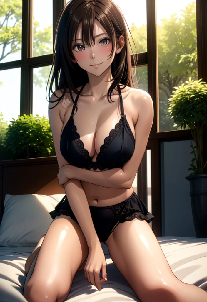 ((Best Quality, 8K, masutepiece: 1.3)), (Sharp Focus: 1.2), (femele, subtle smile, Sensual milf), (full body including legs), brunette, defined muscles, Erotic, Lying down, Legs open, nedium breasts: 1.3), ((Layered Haircut, nedium breasts, 1.2)), (Lying down, Legs open), (Bedroom, Double Bed, Window to the garden, the morning sun: 1.2), (Simple and very transparent lingerie), Highly detailed facial and skin texture, Detailed eyes, double eyelid, Tanned skin, Sexy, sun burn