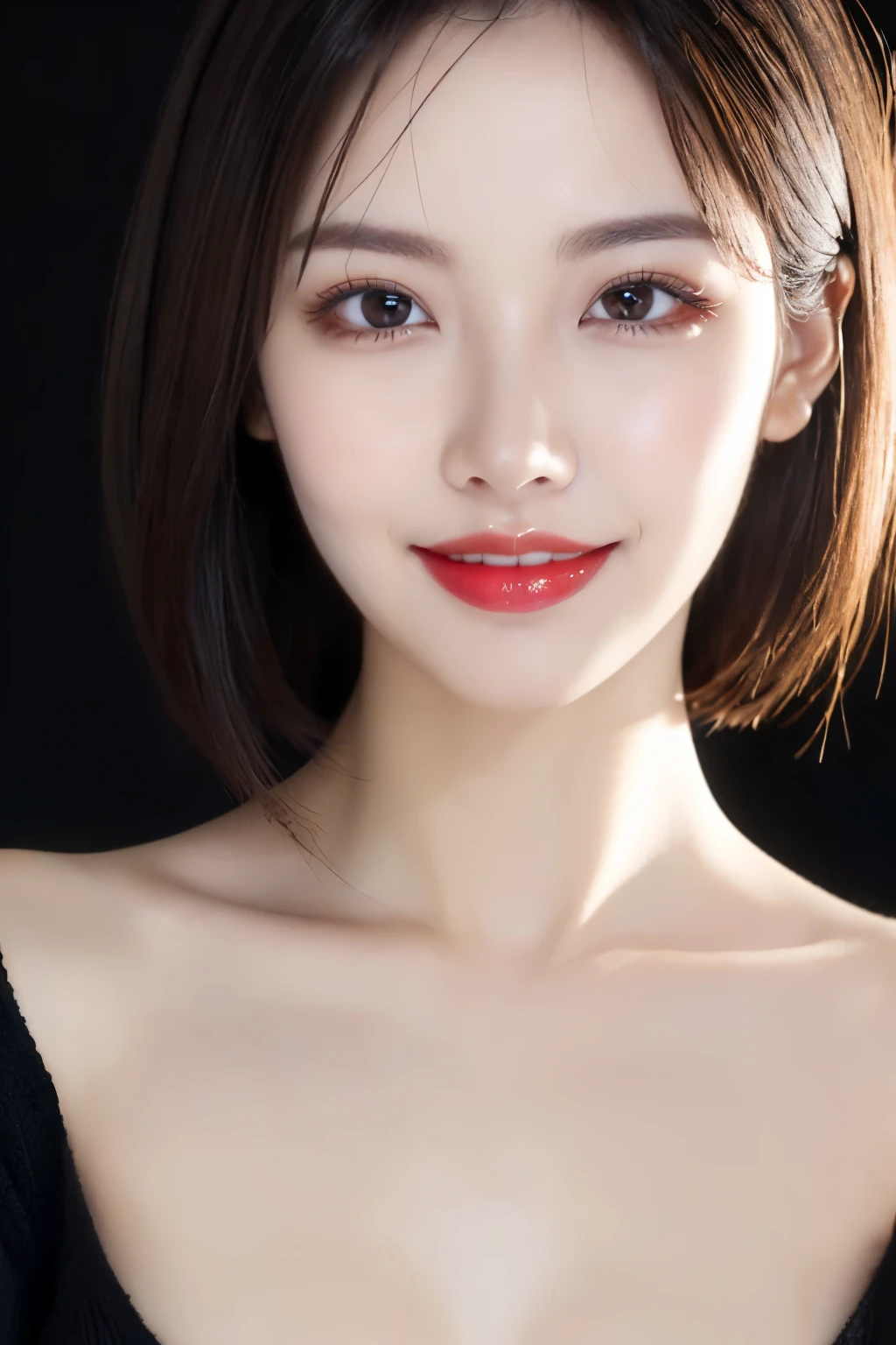 (Highest quality、Tabletop、8k、Best image quality、Award-winning works)、Cute beauty、(Short Bob Hair:1.1)、(The perfect all black V-neck long sleeve knit:1.5)、(The simplest pure black background:1.5)、(Face close-up:1.4)、(Very large breasts:1.2)、(Cleavage:1.2)、Accentuate your body lines、Beautiful and exquisite、Look at me and smile、(look straight at me:1.1)、(Perfect Makeup:1.1)、Bright lipstick、Ultra-high definition beauty face、Ultra HD Hair、Ultra HD Shining Eyes、Ultra High Resolution Perfect Teeth、Super high quality glossy lip、Accurate anatomy、Very beautiful skin、Ultra high resolution and beautiful, Glowing Skin、An elegant upright posture when viewed from the front