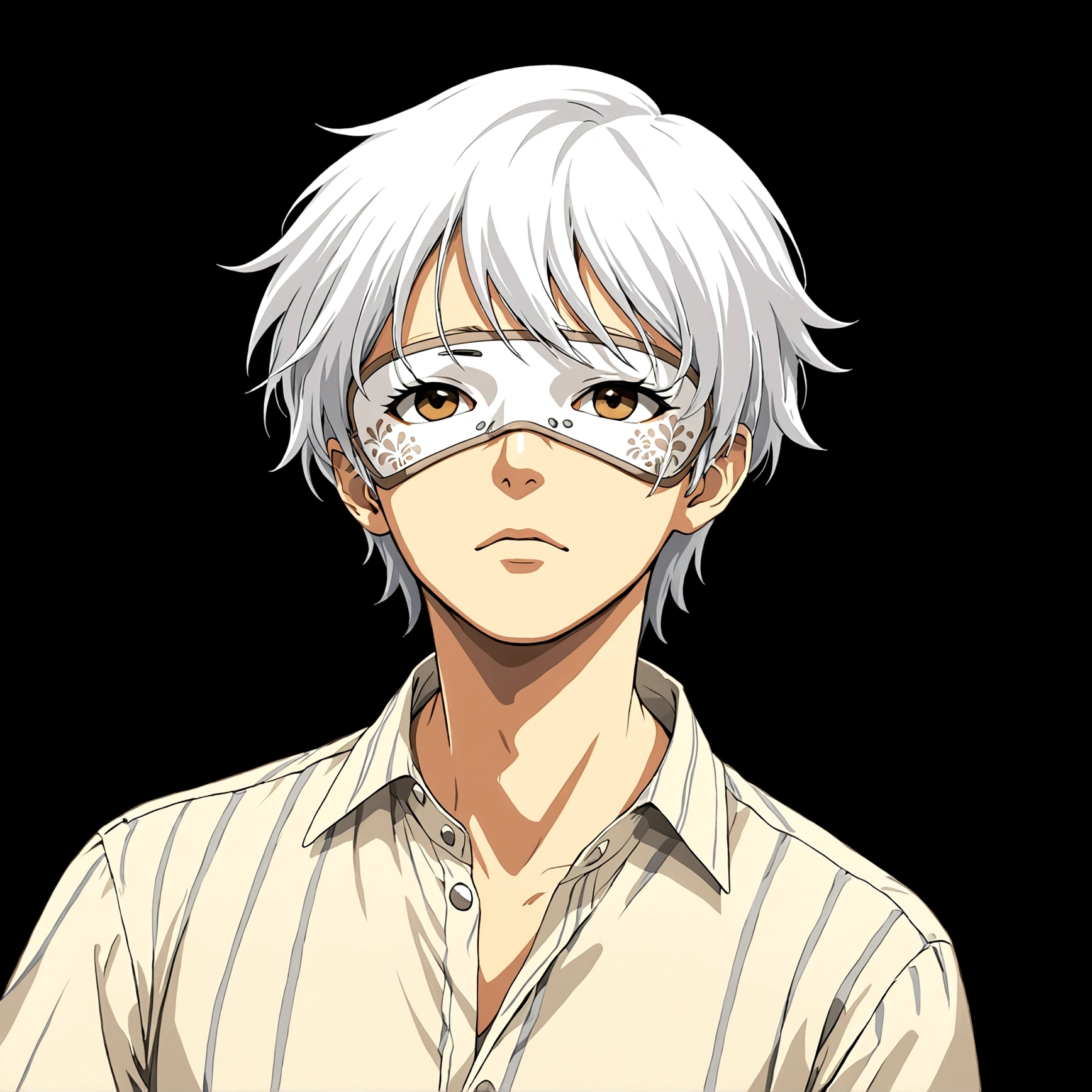1boy，White hair，Eye mask，shirt，Looking up，Male focus，白色独眼Eye mask，白色shirt，solo，