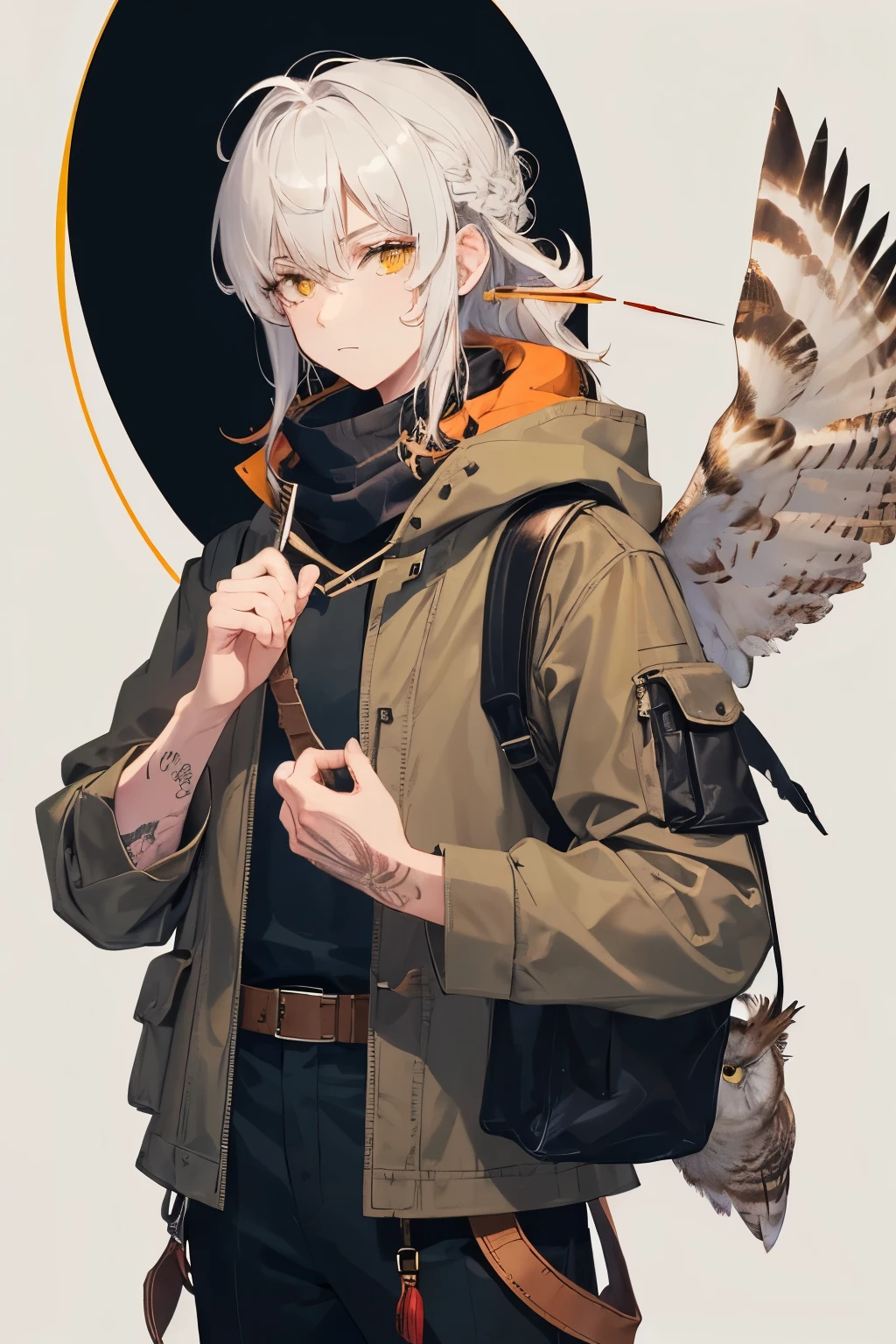 Biological Age : 21
Mental Age : 23
Age Appearance : 20
Gender : Male
Natural Hair Color : Gradient of Golden Buff base (Barn Owl inspiration), Mottled Gray-Brown middle (Great Horned Owl inspiration), Icy White fade (Snowy Owl inspiration). With Rusty Red Highlights (Eastern Screech Owl inspiration)
Current Hair Color : N/A (Original Hair Color)
Hair Style : Medium Half-up Messy Updo with Wispy Fringe
Eye Color : Golden Sun-touched Orange-Yellow Eyes
Zodiac : Cetus
Skin Tone : Pale Flawed Ivory Skin
Scars & Birthmarks : A bowline scar on his left forearm, multiple arrow feather cut scars on his left hand. Discolored right index finger and thumb.
Tattoos : 4 Small Dots under his right eye: The First one has a X on it, the Second is inside a diamond, the Third has 3 Horizontal Lines over I, The Fourth (and last) has the Japanese word “死” under it.
Other : 5 Meter Wingspan, Kite Flagged Owl-Like Wings.
Voice claim : Paul Castro Jr. / Freminet From Genshin
Height : 5,11ft 2.3in (181.2 Cm)
Nationality : Half English Half British
Weight : 158 lbs (71.6676 kg)
Body : Average Lean Toned, Trapezoid Type, Casual Agile Body
Blood type : O-
Apparel Style : Outdoorsy Clothing, Hunter Winter Scarf / Hood with 3 Star Symbols at the End of the Scarf, Belstaff Waxed Cotton Jacket, Leather Bushcraft Backpack with quiver full of arrows, Hunter tool belt with foraging bag.
Species : Human Avian