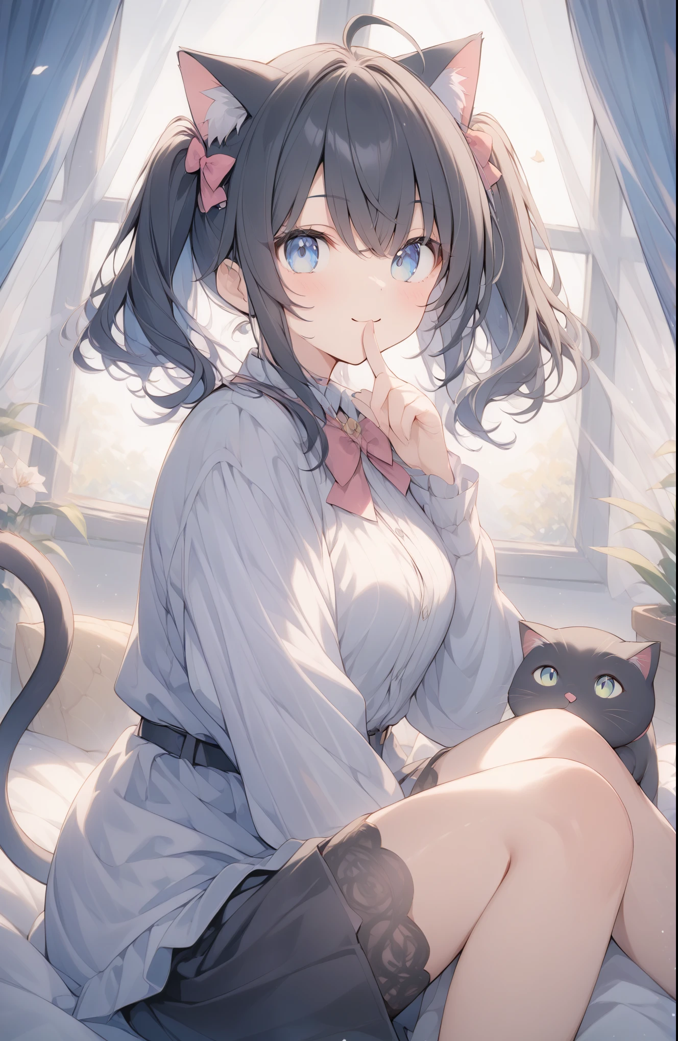 超High resolution, Attention to detail, high quality, High resolution, 最high quality, 4K, 8k, Awards, (artwork)、((Black cat)),Black hair twin tails、Female student、uniform、cute、Blue Eyes、((I have a cat on my head))、Poster image