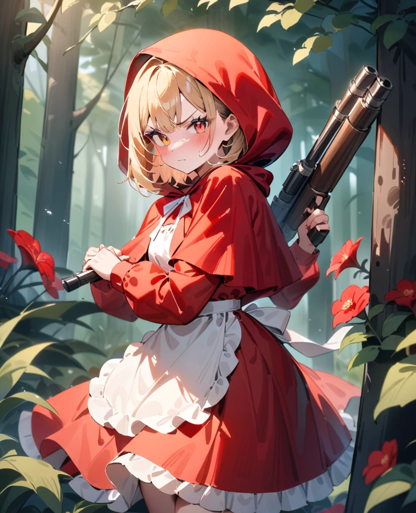 masterpiece, best quality, very aesthetic, absurdres, newest, 1girl, solo, looking at viewer, blush, nervous, v-shaped eyebrows, short hair, bangs, blonde hair, red eyes, long sleeves, dress, holding, standing, closed mouth, weapon, flower, outdoors, hood, forest, holding weapon, apron, orange eyes, capelet, red skirt, red dress, hunting gun, plant, red flower, hood up, multicolored eyes, holding hunting gun, red capelet, little red riding hood \(grimm\)