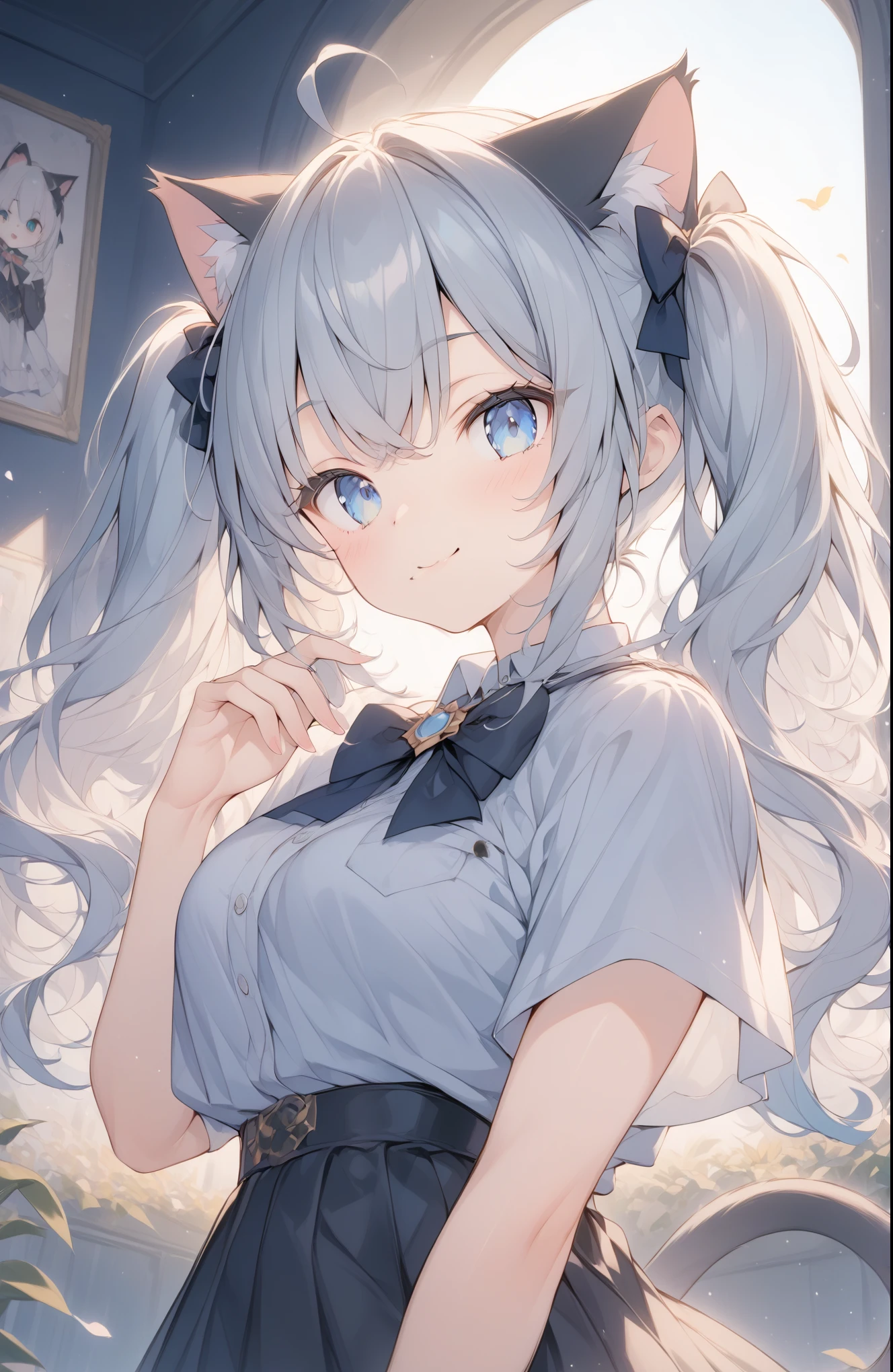 超High resolution, Attention to detail, high quality, High resolution, 最high quality, 4K, 8k, Awards, (artwork)、((Black cat)),Black hair twin tails、Female student、uniform、cute、Blue Eyes、((I have a cat on my head))、Poster image