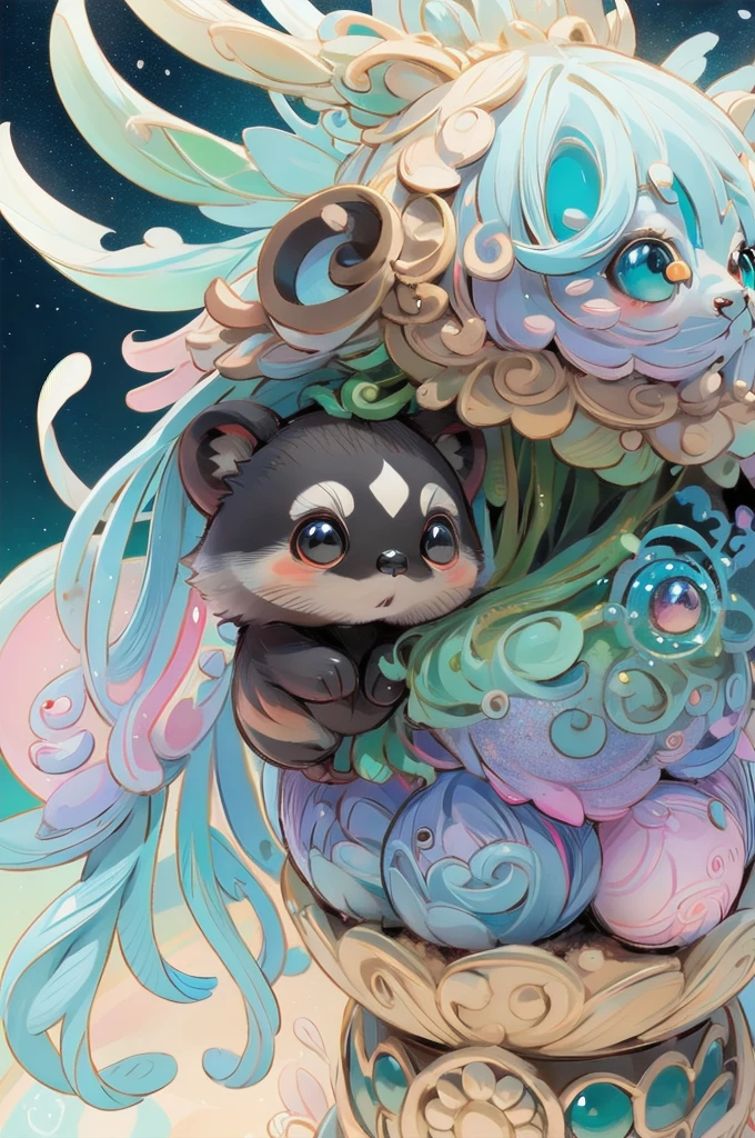 a cute tanuki in a surreal, dreamlike fantasy scene, detailed digital illustration, 8k, extremely detailed, highly realistic, photorealistic, vivid colors, dramatic lighting, intricate details, whimsical, magical realism, soft pastel tones, glowing, ethereal, mystical, mysterious, imaginative, conceptual
