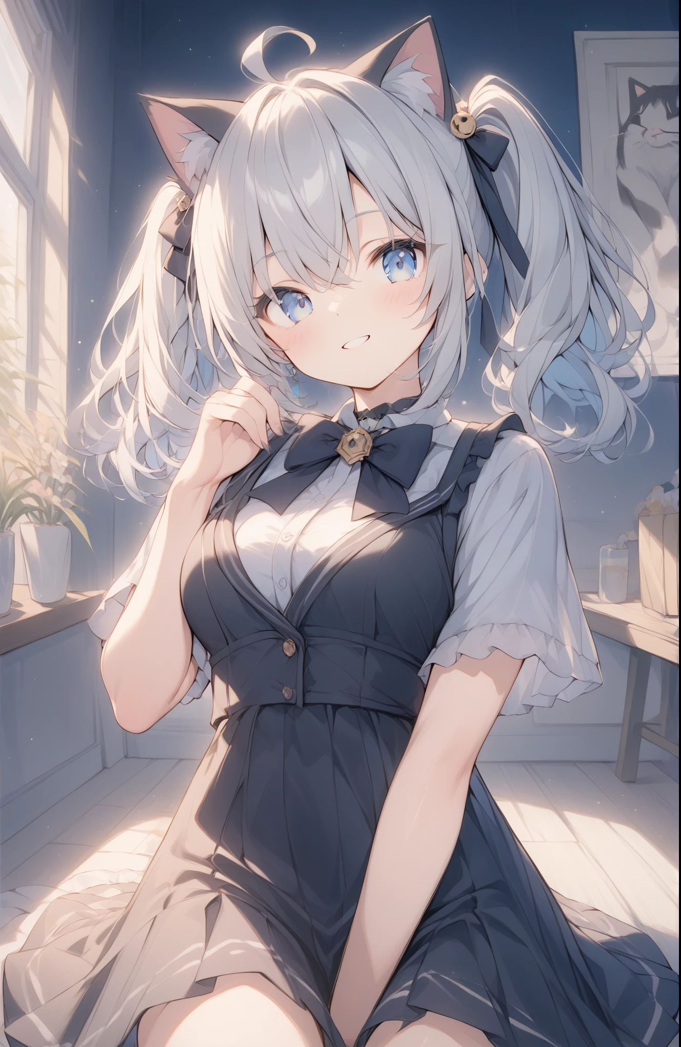 超High resolution, Attention to detail, high quality, High resolution, 最high quality, 4K, 8k, Awards, (artwork)、((Black cat)),Black hair twin tails、Female student、uniform、cute、Blue Eyes、((I have a cat on my head))、Poster image