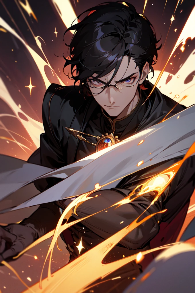 masterpiece, best quality, 1 male, young, tall muscular, handsome, finely detailed eyes, intricate details, black hair, short hair, evil face, solo, upper body, detailed dark shadow background, detailed face, good sorcerer, color magical robes, determined expression, white color scheme, dark crimson light, glowing magical runes, realistic lighting, floating particles, sparks, surrounded by gold lightning red arcane symbols, corrupted by eldritch power, bloom, glasses