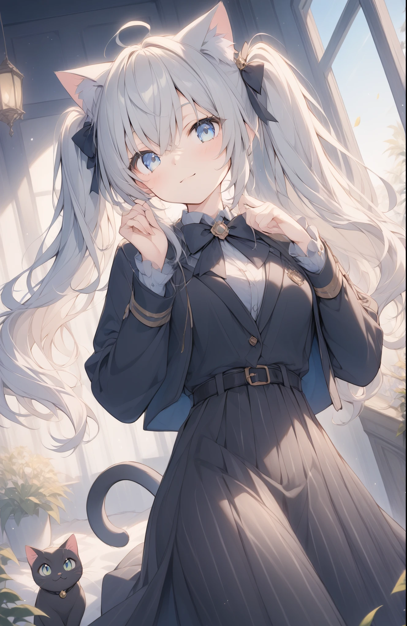 超High resolution, Attention to detail, high quality, High resolution, 最high quality, 4K, 8k, Awards, (artwork)、((Black cat)),Black hair twin tails、Female student、uniform、cute、Blue Eyes、((I have a cat on my head))、Poster image