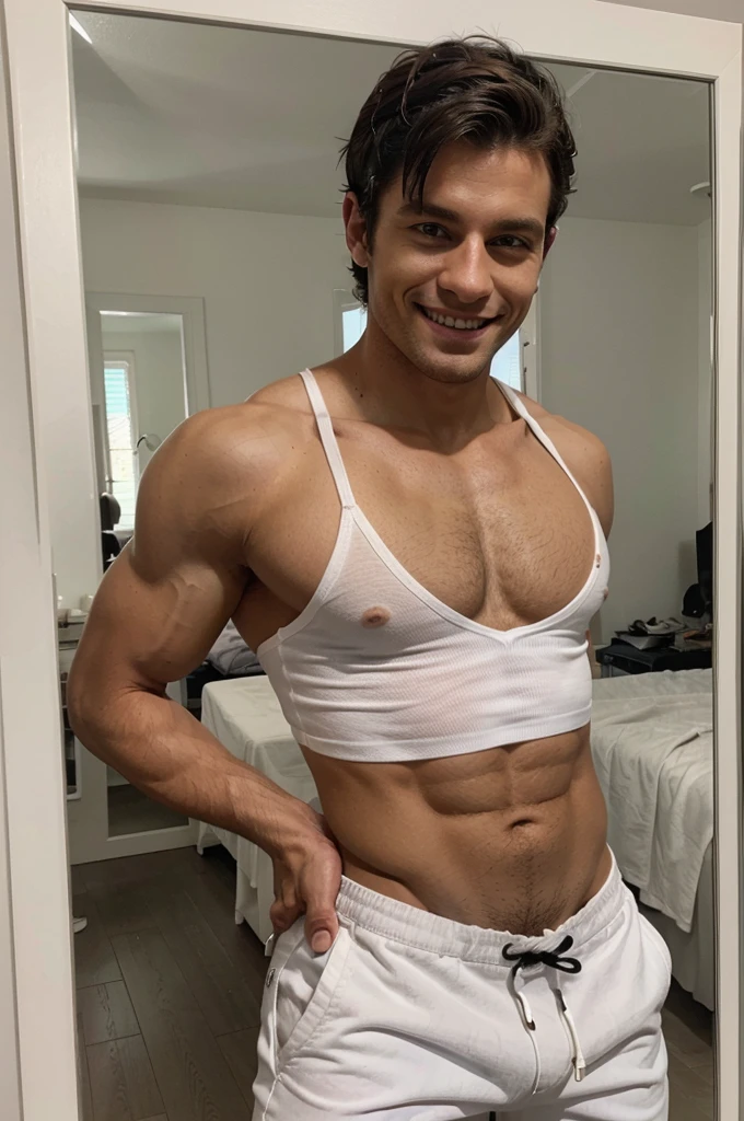 A mirror selfie of a bkack haired european man wearing a white shirt and and balck Pants he have muscles (thong:1.2), casual photo, smiling