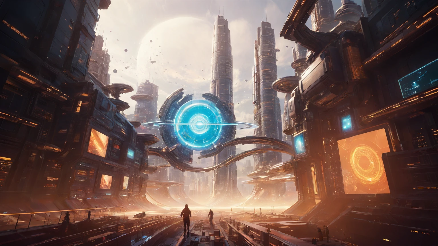 brightly colored abstract image of a space station with a spiral, epic beautiful space scifi, chaotic cinematic space rift, greg beeple, (((((flying cars, 1drone))))), planets colliding, beeple and tim hildebrandt, beeple and jean giraud, end of the universe, galaxy space sci-fi, ringworld, by Mike "Beeple" Winkelmann. Matrix style, (((((Matrix cascading code))))), (((((a futuristic twin tower skyscraper with a unique twisted design))))), (((((OLED GUI interfaces in the building))))), at night, (((((1girl, solo))))), photo realistic, (((large-breast:1.2 slim body, cleavage))), (((off broken mini sling-shirt and black sling bra, extreamly short pleated miniskirt exposing panty))), (((((running pose))))), (((((((matrix style black micro sunglasses))))))), ((((((((((aiming with a short gun)))))))))), (((((looking at camera))))), (((very low view))), (((((half-body thigh level medium shot))))), (((cinematic lighting))).