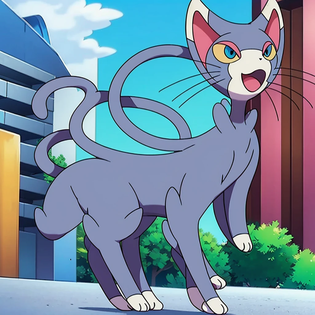 (masterpiece, best quality:1.2),solo,glameow \(pokemon\),pokemon \(creature\),full body,no humans,cat,blue eyes,grey fur,tail,city background