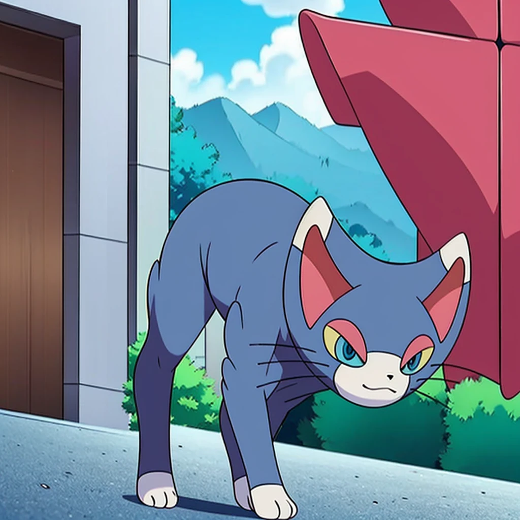 (masterpiece, best quality:1.2),solo,glameow \(pokemon\),pokemon \(creature\),full body,no humans,cat,blue eyes,grey fur,tail,city background