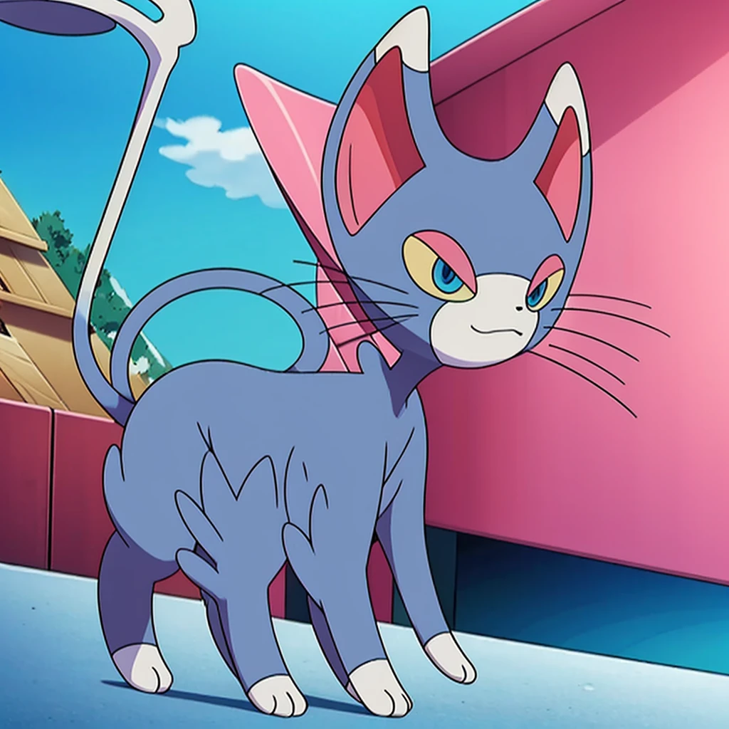(masterpiece, best quality:1.2),solo,glameow \(pokemon\),pokemon \(creature\),full body,no humans,cat,blue eyes,grey fur,tail,city background