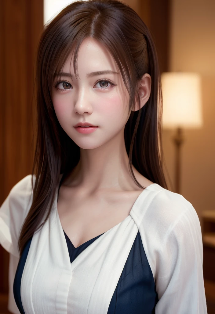 8K, of the highest quality, masutepiece:1.2), (Realistic, Photorealsitic:1.37), of the highest quality, masutepiece, Beautiful young woman, Pensive expression,、A charming、and an inviting look, Cute Maid Clothes, Hair tied back, Cinematic background, Light skin tone