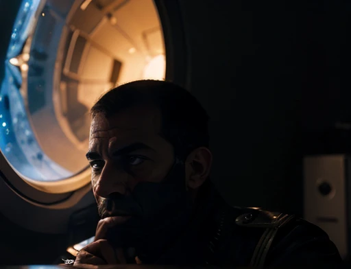 general Carlos permanece ( de costa )a uma janela enorme da nave espacial observando o estranho planeta cinza e vermelho.