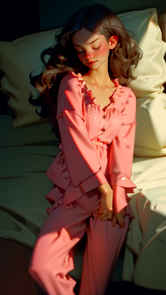 High-resolution photo. Low-key, dark. A woman in Camisole pajamas sleeps in the dark in her slightly lit bedroom.