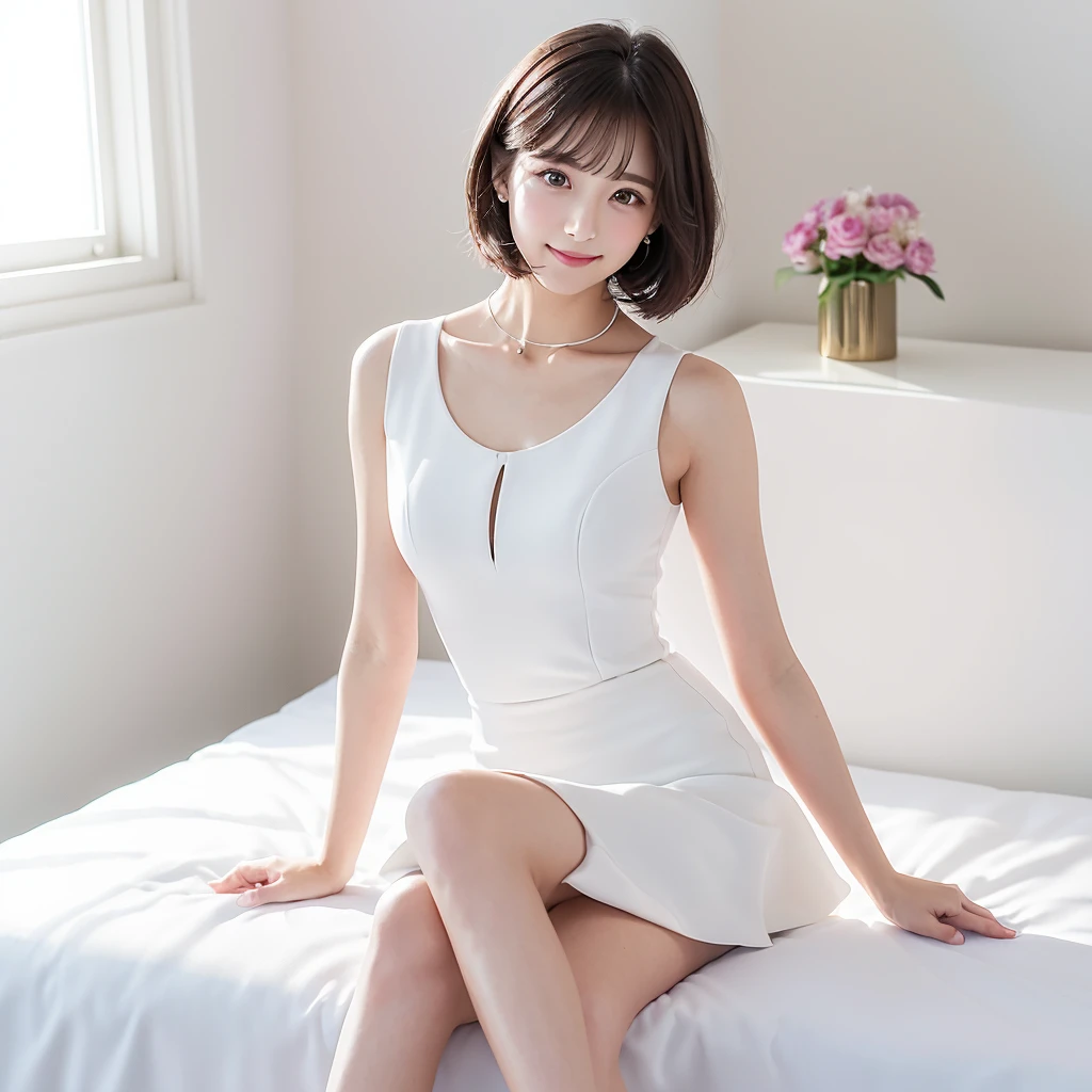 (Highest quality、masterpiece:1.9)、((Neat and clean female college student、1 person))、Soft lighting by a professional photographer、Natural light、((Very spacious white luxurious room:1.6))、((Bright white room:1.6))、(Sitting on a very luxurious white bed:1.2)、(White Bookcase:1.1)、Natural soft light、((Black Hair:1.1))、Detailed Eyes、double eyelid、Slightly puffy cheeks、((Small Face:1.0))、((Check One Piece、Grey mini skirt、Please wear it with the chest open.:1.1))、(smile)、((Girly pose 1.8))、High resolution,、((Short Hair:1.2))、((Full Body Shot:1.2))、Live-action image quality、((Height: 150cm))、Hands in front、Hide your hands between your legs、(bangs:1.1)、