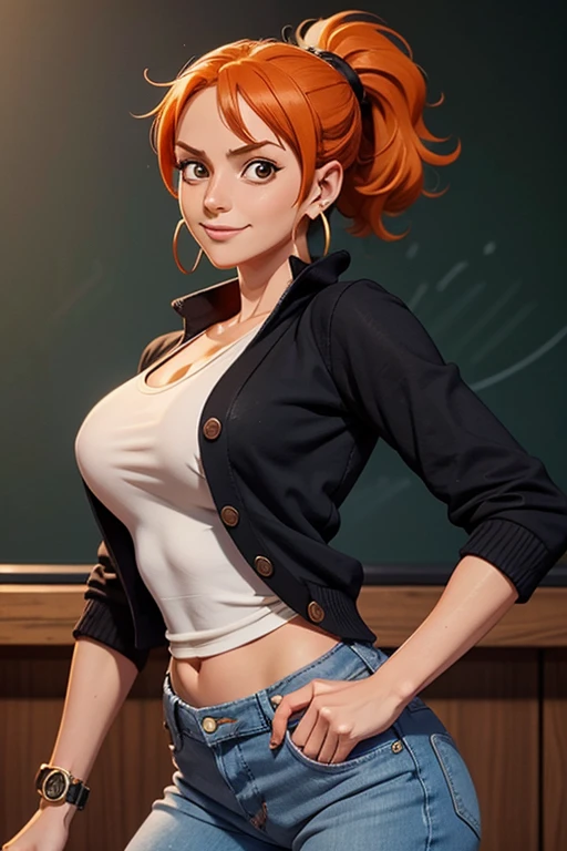 koala from anime one piece, short hair, orange hair, ponytail, beautiful, beautiful woman, perfect body, perfect breasts, wearing white shirt, black cardigan, long jeans, handbag, wearing watch, wearing earrings, in class , on campus, university, blackboard, looking at the viewer, a slight smile, realism, masterpiece, textured leather, super detailed, high detail, high quality, best quality, 1080p, 16k