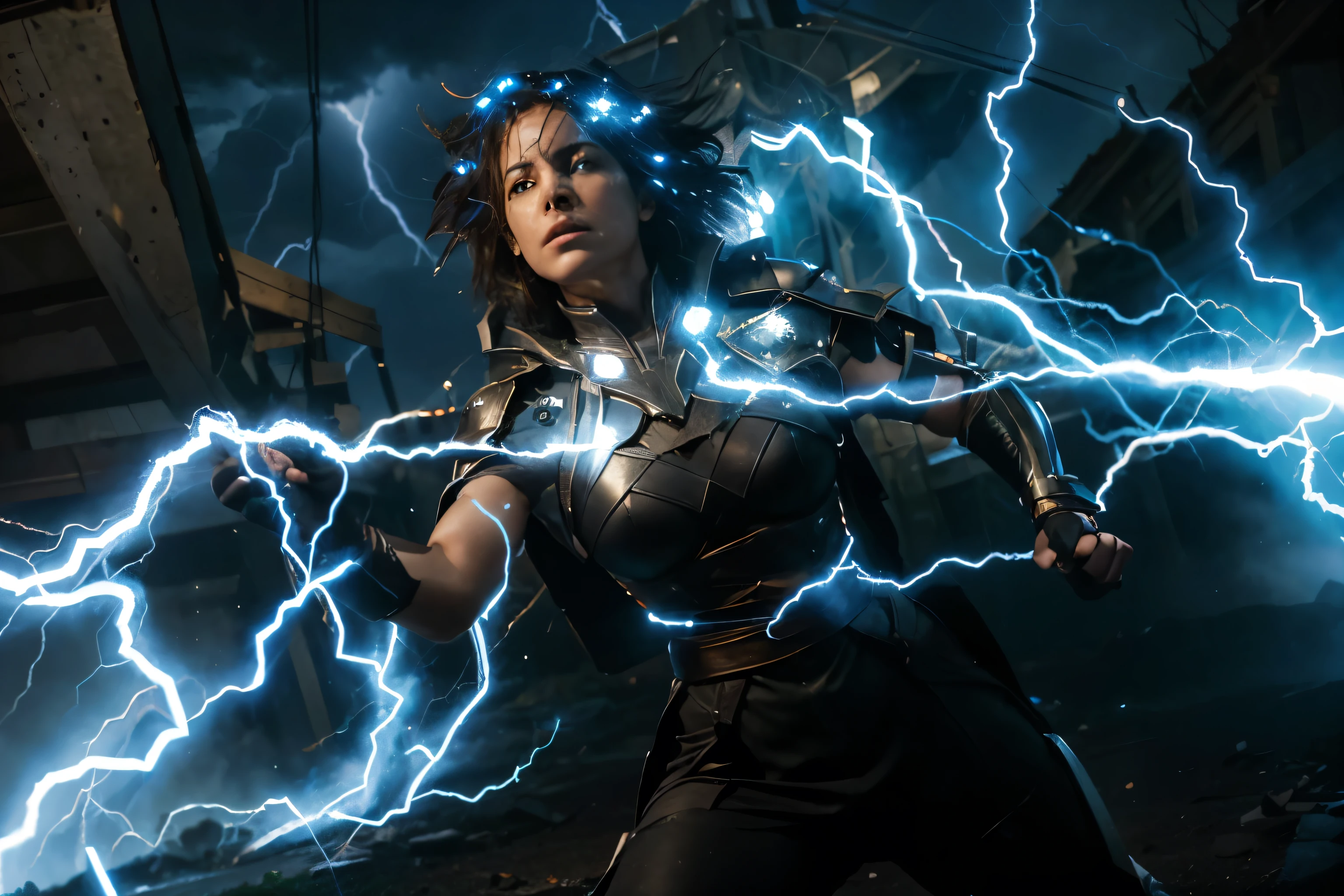 (Best quality, 8k, 32k, Masterpiece, UHD:1.2), "Transform the scene into a dynamic and electrifying moment where a character is surrounded by and emerging from a storm of lightning, energy, and power. Picture the character at the epicenter of a powerful electrical storm, with arcs of lightning crackling around them and illuminating the surroundings with intense flashes of blue and white light.
The character's form is shrouded in a swirling vortex of raw energy, their silhouette glowing with a radiant aura. Bolts of lightning strike the ground and radiate outward, creating a web of electrical currents that pulse with life. The air is charged with static, and the ground beneath the character trembles from the sheer force of their power.
The character’s stance is one of dominance and control, their eyes glowing with an otherworldly intensity. Their attire and any visible equipment should appear to be infused with energy, emphasizing their connection to the elemental forces at play.
Capture the interplay of light and shadow as the lightning illuminates the scene, casting dramatic contrasts and highlighting the character’s commanding presence. The surrounding environment should reflect the chaos and intensity of the storm, with debris swirling and objects electrified by the immense power.
The scene should evoke a sense of awe and excitement, showcasing the character's overwhelming strength and their mastery over the elemental forces of lightning and energy."