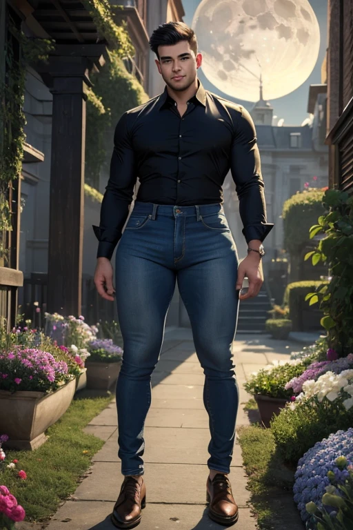 (masterpiece), best quality, expressive eyes, perfect face,young man having long legs thick thighs large hips thin and narrow weist wearing, jeans, formal shirt, moon night garden flowers, very small spikey boyish haircut, boy , boy, wide hips, very wide hips, muscular body, , tugged in, very very wide hips, huge large penis_bulge, smile, big large, very wide hips, very very wide hips, boy, full body, wide very wide hips 