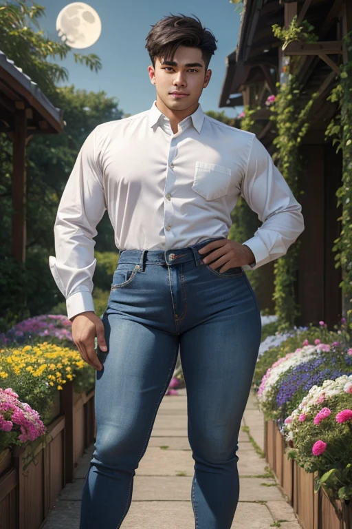 (masterpiece), best quality, expressive eyes, perfect face,young man having long legs thick thighs large hips thin and narrow weist wearing, jeans, formal shirt, moon night garden flowers, very small spikey boyish haircut, boy , boy, wide hips, very wide hips, muscular body, , tugged in, very very wide hips, huge large penis_bulge, smile, big large, very wide hips, very very wide hips, boy, full body, wide very wide hips 