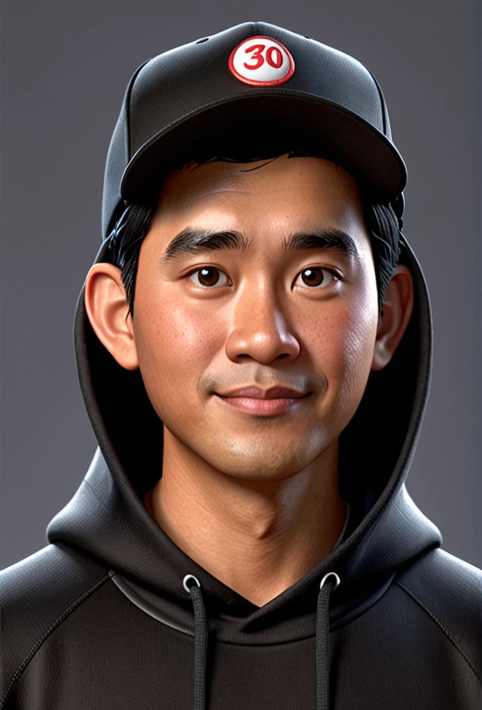 A closeup of a Indonesian man with a baseball hat on his head, wearing black hoodie, character headshot portrait, 8k portrait rendering, disney rendering, personagem de perto, retrato de personagem em close, Personagem 3D realistic, personagem estilizado, como um personagem da Pixar, personagem altamente detalhado, Personagem 3D, personagem 3d, estilo de personagem da Disney, close do retrato do personagem, personagem masculino.
