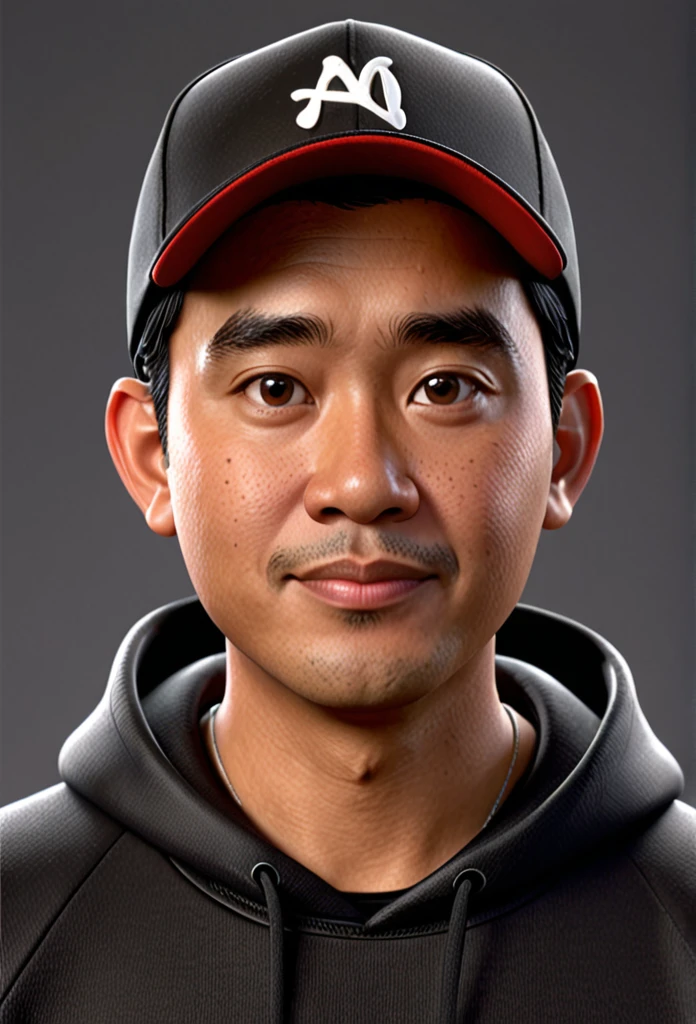 A closeup of a Indonesian man with a baseball hat on his head, wearing black hoodie, character headshot portrait, 8k portrait rendering, disney rendering, personagem de perto, retrato de personagem em close, Personagem 3D realistic, personagem estilizado, como um personagem da Pixar, personagem altamente detalhado, Personagem 3D, personagem 3d, estilo de personagem da Disney, close do retrato do personagem, personagem masculino.