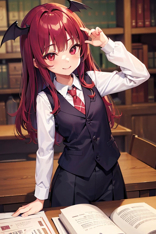 (very cute), (koakuma,cute smile:1.2),vest,(scarlet tie),(putting hands together), in big magic library,multiple books on table, (absurdres), (masterpiece), (best quality), sense of depth,(perfect hand),(ultra detailed),(beautiful thin lines),perfect anatomy, 