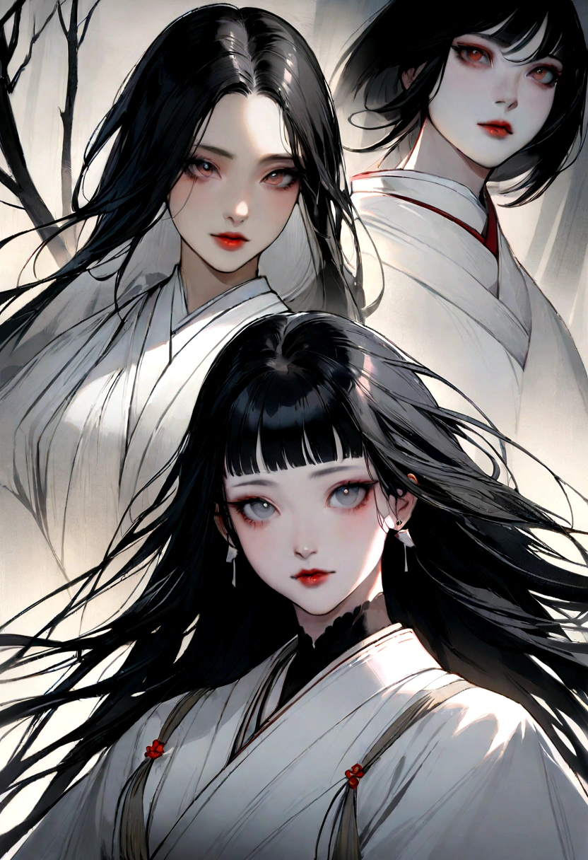 arafed woman in white dress with white cape and black hair, the piercing stare of yuki onna, portrait of sadako of the ring, goddess of winter, inspired by Itō Shinsui, artwork in the style of guweiz, japanese goddess, beautiful avatar pictures, pale young ghost girl, beautiful digital artwork, hone onna skeleton geisha