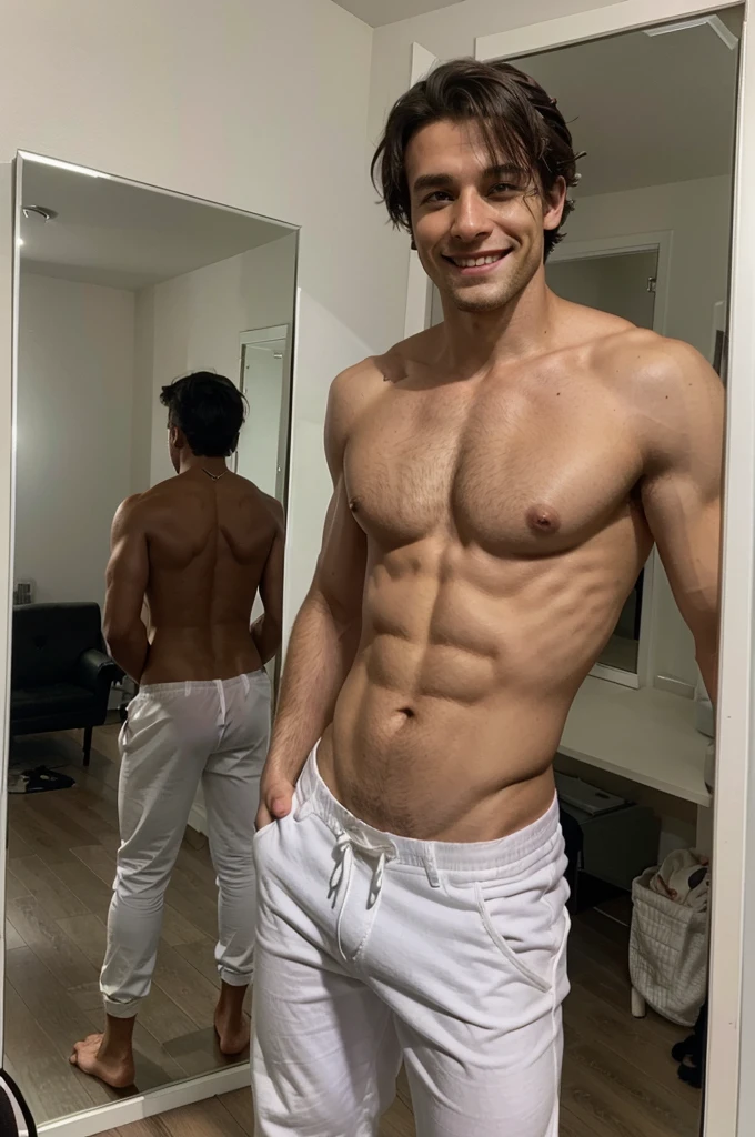 A mirror selfie of a bkack haired european man wearing a white shirt and and balck Pants and he is ripped(thong:1.2), casual photo, smiling