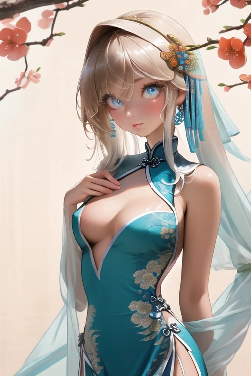 Chest curtain, China dress, Nipples are visible,(Highest quality:1.0), (8k wallpaper:1.0), Very delicate and beautiful, (Beautifully detailed face:1.0), (detailed Deep Eyes), Symmetrical breasts, Deep Eyes, vapor, Shiny skin,
