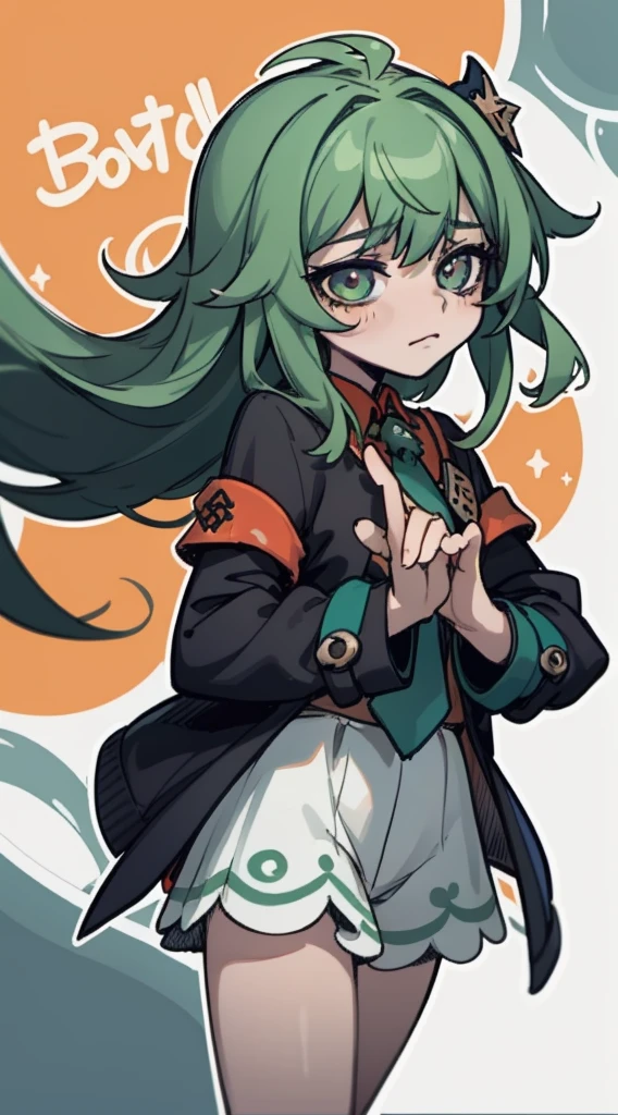 La mejor calidad: 1.0), (Super High Resolution: 1.0), Extremely detailed character, Manos extremadamente detalladas, Extremely detailed, cabello extremadamente detallado, pelo largo, Ojos extremadamente detallados, ojos amarillos, ojos de gato, 2d, Chica Tomboy, Arte del anime, timida, sonrojada, HuoHuo Honkai star Rail, fondo verde claro, loli ,ropa huohuo , sonrojada