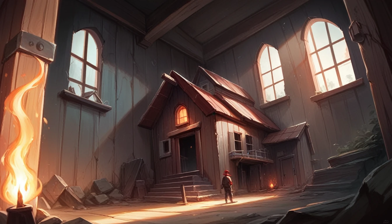 realistic a old house behind the male character which eqip a red cap, carry handgun with torch, dark back ground, the house is abandoned and fire 🔥in the house,high resolution, ultra HD, high definition, HD, 4K.