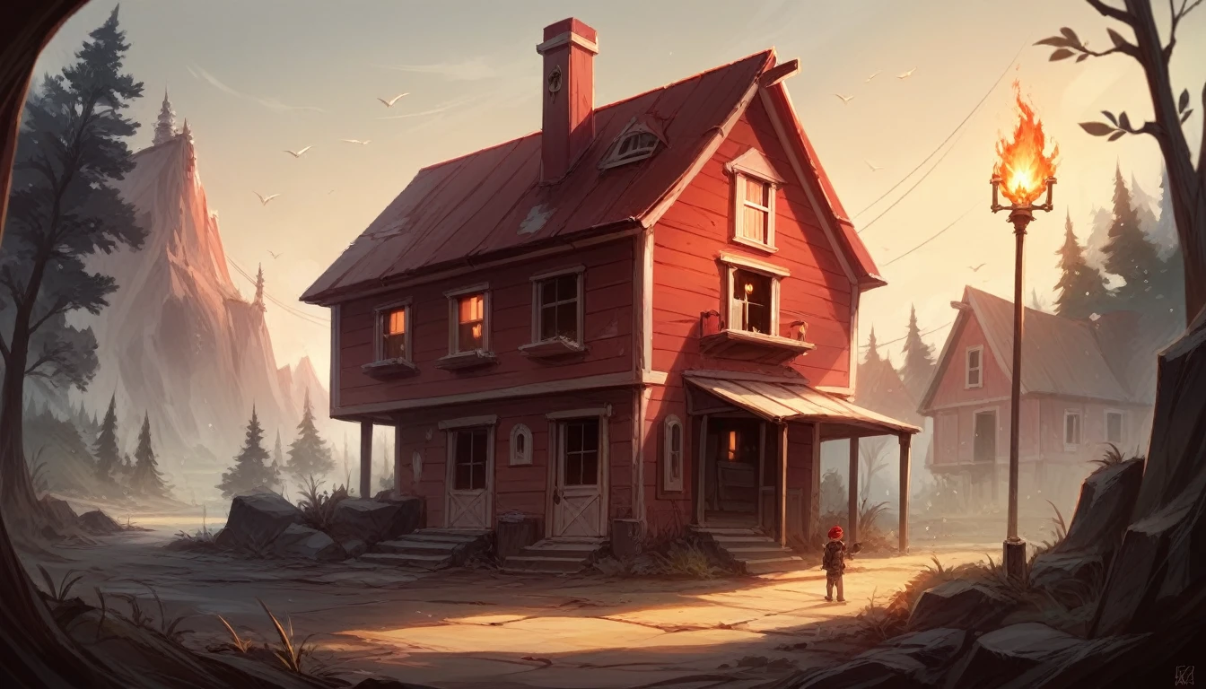 realistic a old house behind the male character which eqip a red cap, carry handgun with torch, dark back ground, the house is abandoned and fire 🔥in the house,high resolution, ultra HD, high definition, HD, 4K.