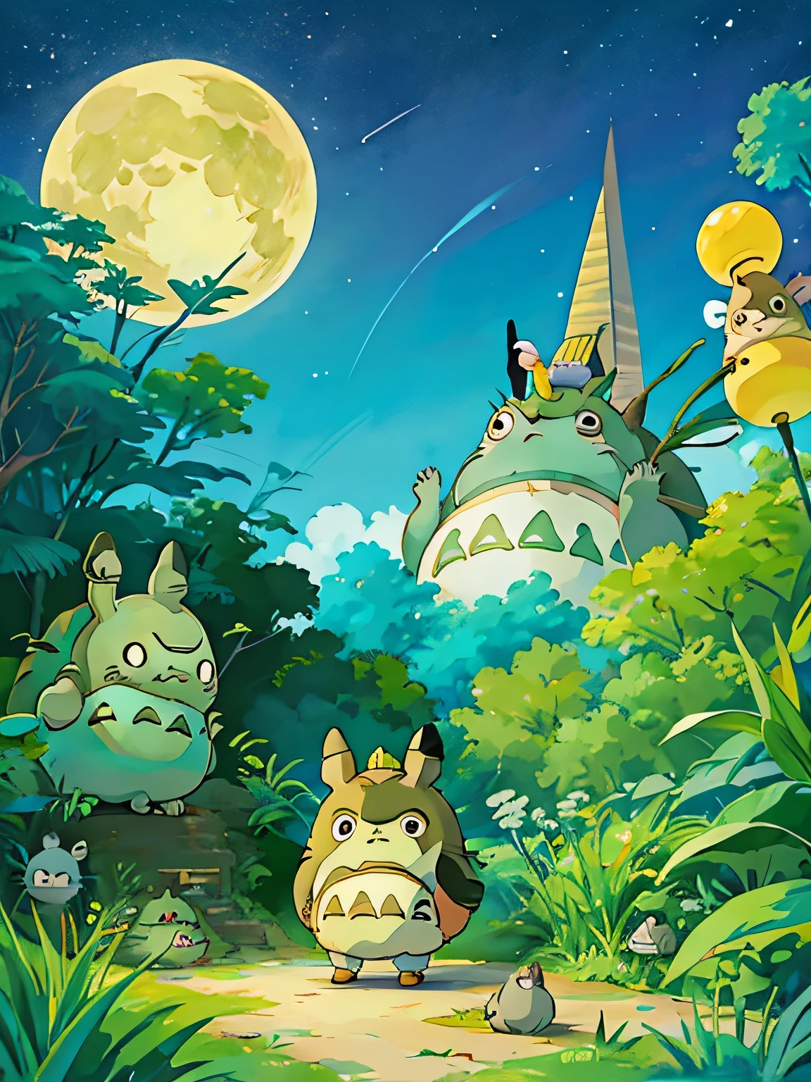 Hayao Miyazaki style、Kawaii Design, most beautiful girl ever、Chibi, (((expedition)))、((king of egypt)), Tutankhamun, Pikachu, (((Totoro))), Lunar Surface, Colorful and cute pillbugs